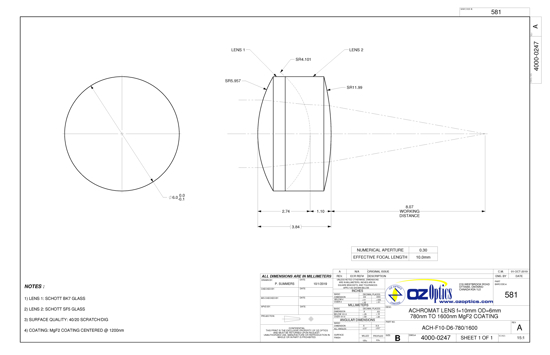 Technical Drawing of ACHROMAT LENS f=10mm OD=6mm 780nm TO 1600nm MgF2 COATING.