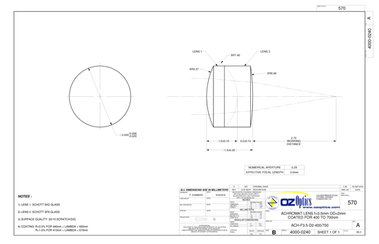 Technical Drawing of ACHROMAT LENS f=3.5mm OD=2mm COATED FOR 400 TO 700nm 
