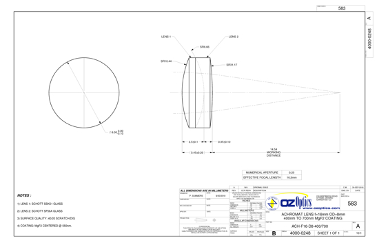 Technical Drawing of Achromat Lens f=16mm, OD=8mm. 400 to 700nm MgF2 coating