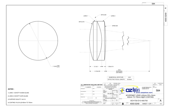 Technical Drawing of Achromatic lens f=20mm OD=10mm 400nm to 700nm MgF2 coating