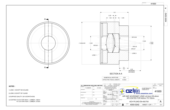 Technical Drawing of Air gap achromat lens f=6.3mm OD=9mm AR coated for 400 to 700nm