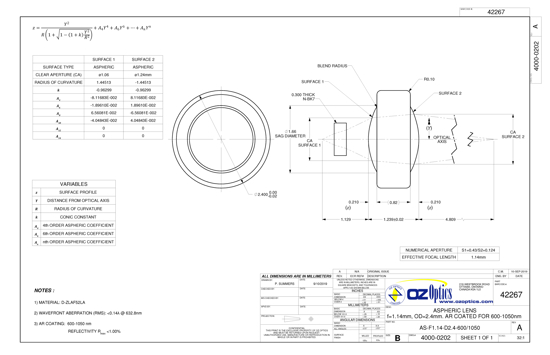 Technical Drawing of  Aspheric Lenses f=1.14mm OD=2.4mm AR COATED FOR 600-1050nm
