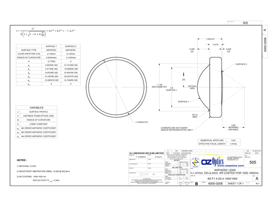 Technical Drawing of  Aspheric lens f=1.47mm OD=2.4mm AR coated for 1000-1650nm
