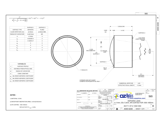 Technical Drawing of Aspheric lens f=11mm OD=7.2mm AR coated for 1000-1650nm