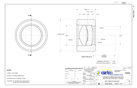 Technical Drawing of Doublet lens, f=6mm, OD=3mm. AR coated for 300 to 400nm