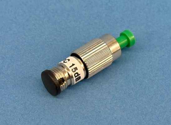 Close-up photo of a Plug type, singlemode 15dB fixed attenuator at 1300/1550nm with male to female FC/Angle PC connectors