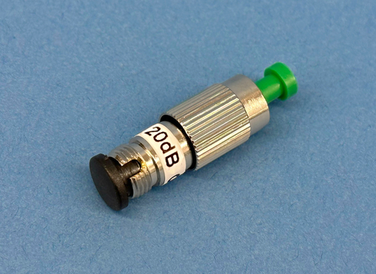Close-up photo of a Plug type, singlemode 20dB fixed attenuator at 1300/1550nm with male to female FC/Angle PC connector