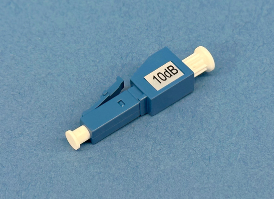 Close-up of a Plug type, singlemode 10dB fixed attenuator at 1300/1550nm with male to female LC/Ultra PC connector
