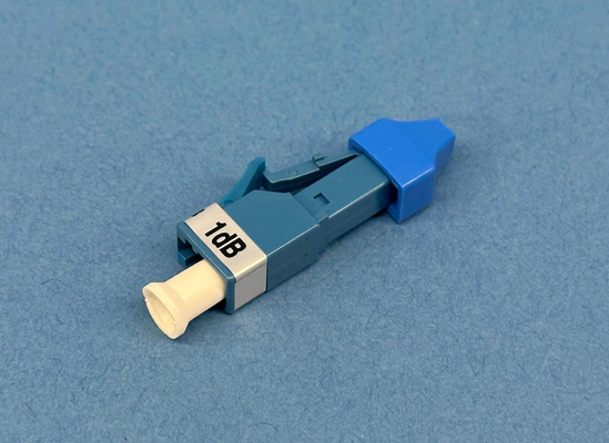 Close-up of a Plug type, singlemode 1dB fixed attenuator at 1300/1550nm with male to female LC/Ultra PC connector