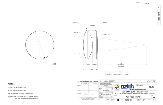 Technical drawing of the Achromat lens f=6 mm d=3mm multi-layer high efficiency BBAR coating for 400 to 700nm