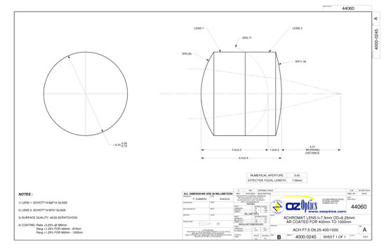 Technical Drawing of  the Achromat lens f=7.5mm OD = 6.25mm AR coated for 400 to 1000nm