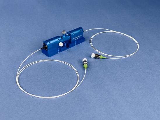 Photo of All Fiber Polarization Controller with 1 meter long, 0.9mm OD jacketed 1300/1550nm 9/125 singlemode fiber pigtails terminated on both ends with angle FC/APC connectors