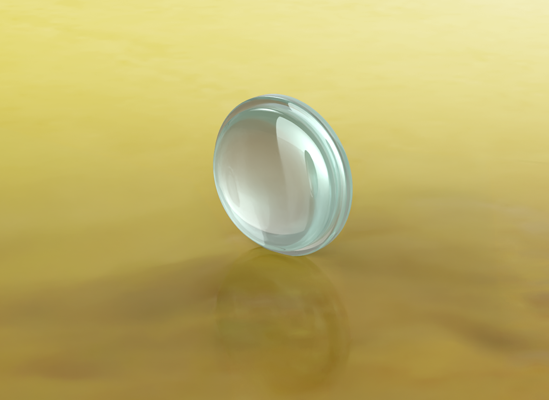 3D Rendering of the Aspheric lens 350150 1319V f=2mm, 2mm clear aperture and 3mm outside diameter and 1.02mm back focal length