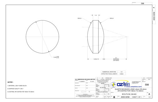 Technical Drawing of  Quartz Biconvex Lens, F=5mm, D=6mm. AR coated for 180-400nm