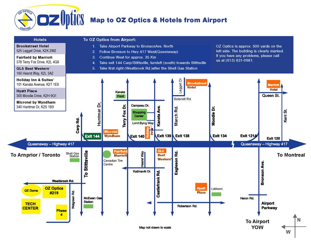 Map to OZ Optics & Hotels from Airport